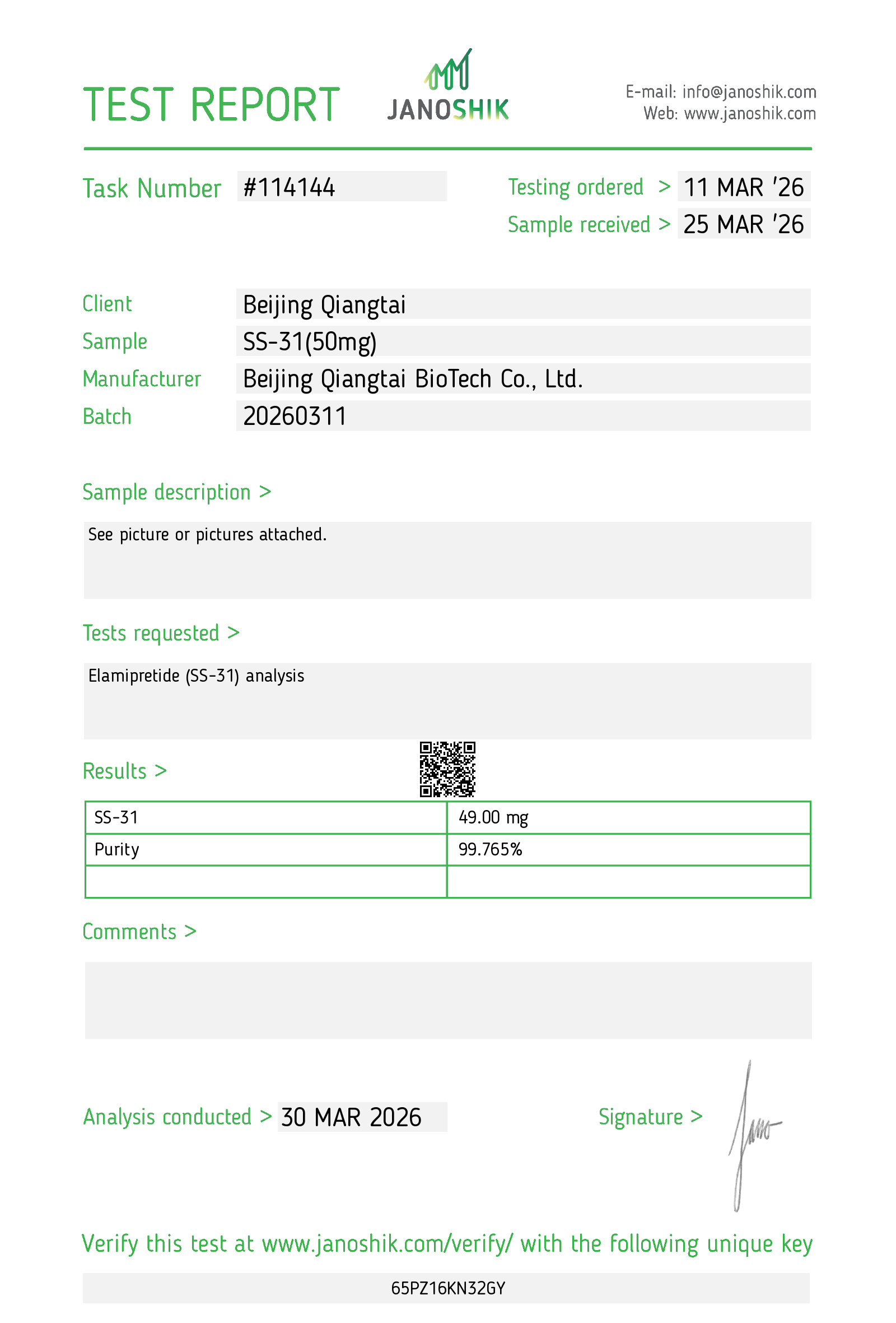 SS-31 High Purity Peptide Raw Material for Research and Laboratory Use Certificates 1
