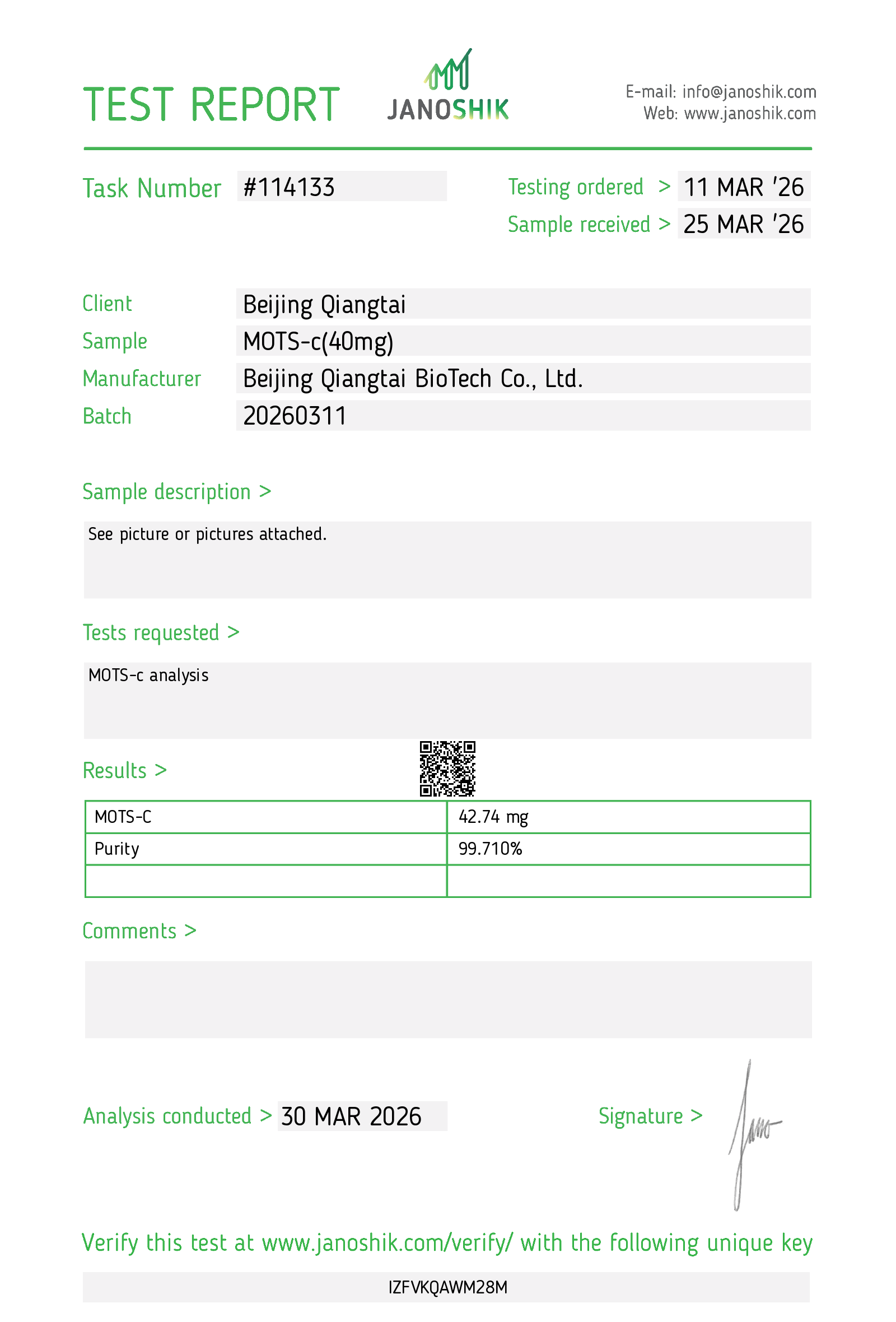 MOTS-c High Purity Peptide Raw Material for Research and Laboratory Use Certificates 1